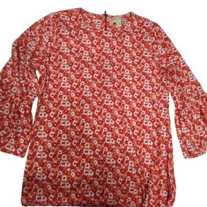 Michael Kors Floral Print Blouse‎ Bell Sleeve Dress Womens Red Orange